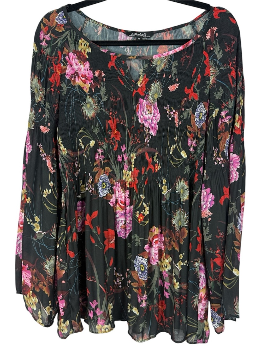 Charlie B Pleated Smocked Floral Blouse Bell Sleeve Large Black Multicolor